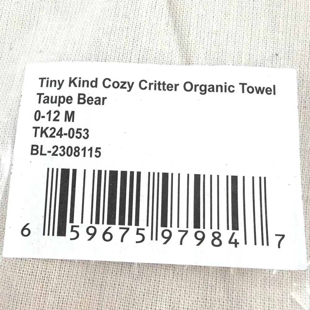 Tiny Kind Cozy Critter Organic Towel Taupe Bear Size 0-12 M